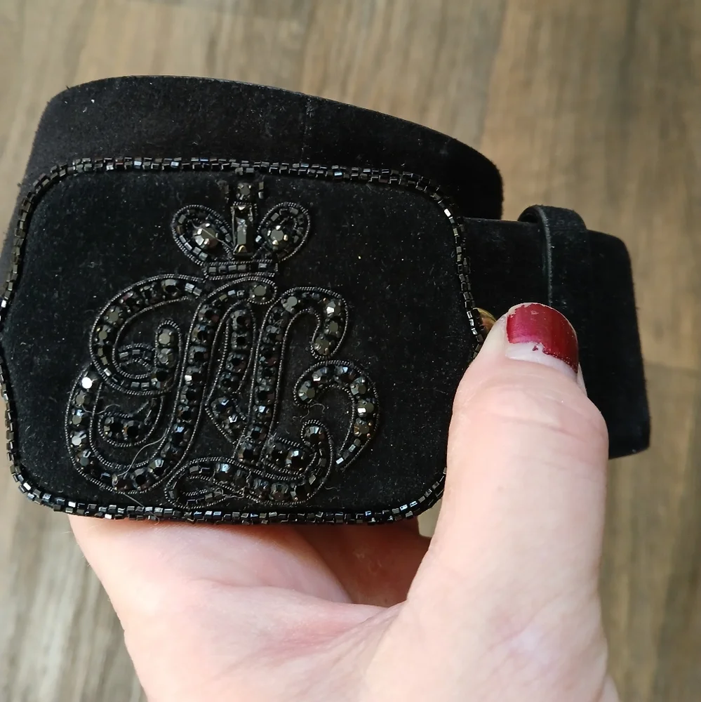 Vintage Ralph Lauren Embroidered Black Suede Belt. Made in Italy 